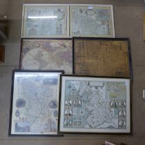 Six assorted maps, including reproduction John Speed, all framed