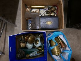 Three boxes of mixed metalwares, silver plate, copper and brass, a child's shop till, Edwardian