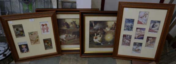 Two framed collections of humorous prints and two others