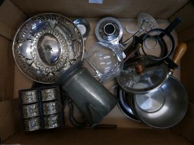 A box of silver plate and metalwares, including a 19th Century pewter tankard