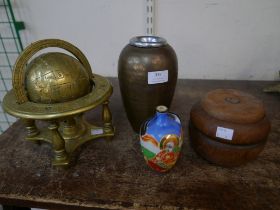 A small brass terrestrial globe on stand, a treen pot and cover and two others