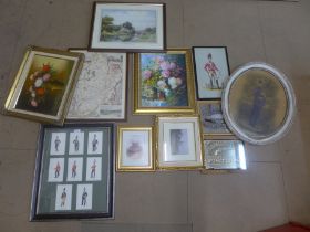 Assorted prints, a map, a still life oil, advertising mirrors, etc.