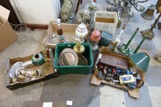 Assorted brassware, table lamps, pewter ware, etc.