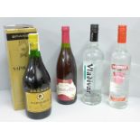 Four bottles of wines and spirits; Napoleon brandy, Smirnoff Vodka, Vladivar vodka and Australian