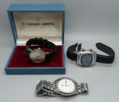 Three wristwatches, Memostar alarm watch, Citizen automatic day/date and Eterna-Matic with box