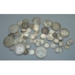 A collection of pre 1920 British silver coins including Victorian and one German 1909 drei mark