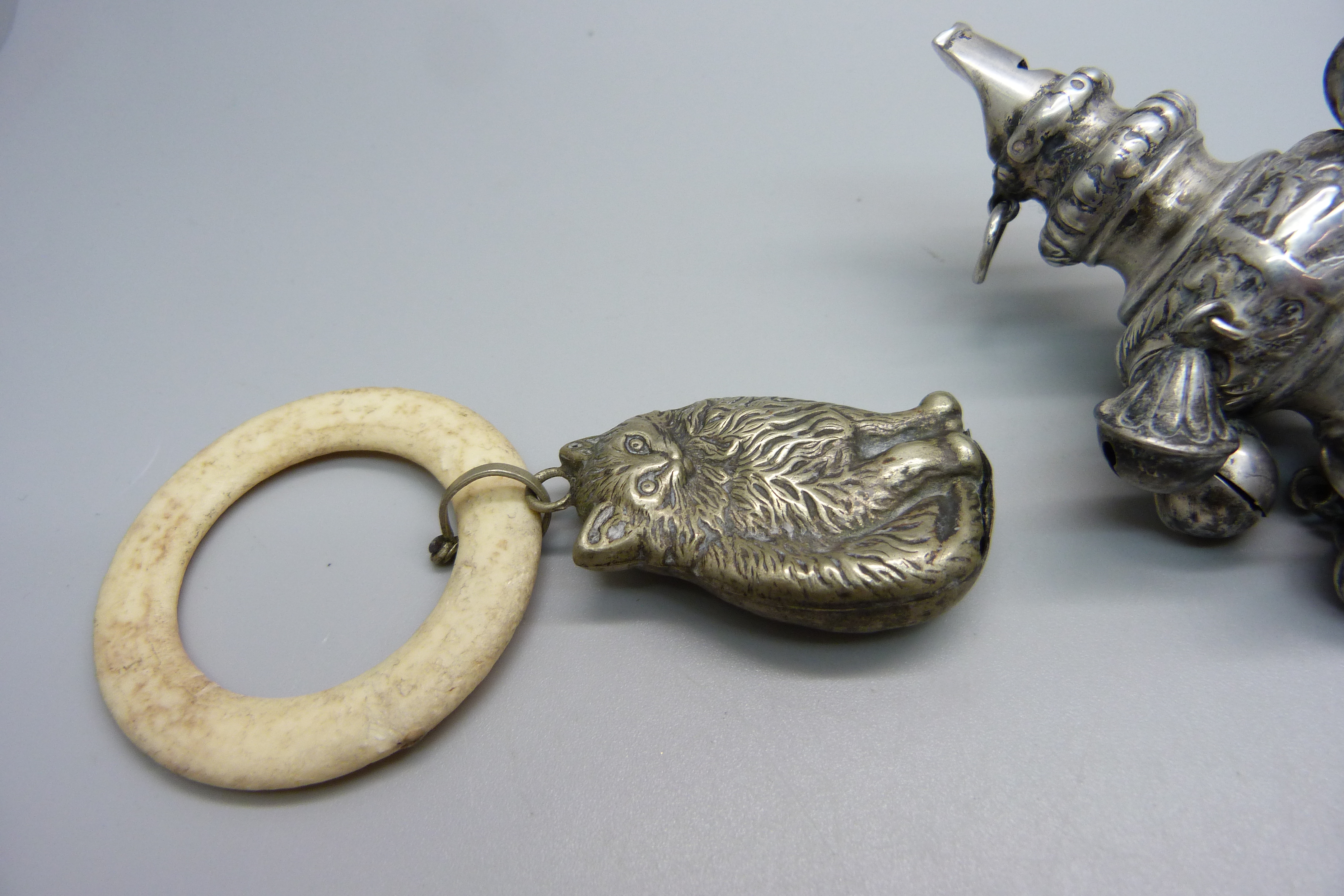 A Victorian silver rattle/whistle, Birmingham 1896, a Teddy bear rattle and a cat rattle - Image 3 of 4