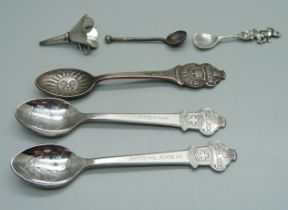 Two silver condiment spoons, a silver scent bottle funnel, marked 925 and three Rolex spoons