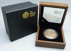 The Royal Mint 2009 UK £5 gold brilliant uncirculated sovereign, no. 0688