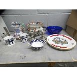 Two Royal Crown Derby unfinished two handled cup, a bowl, plated candlesticks, a glass bowl, a