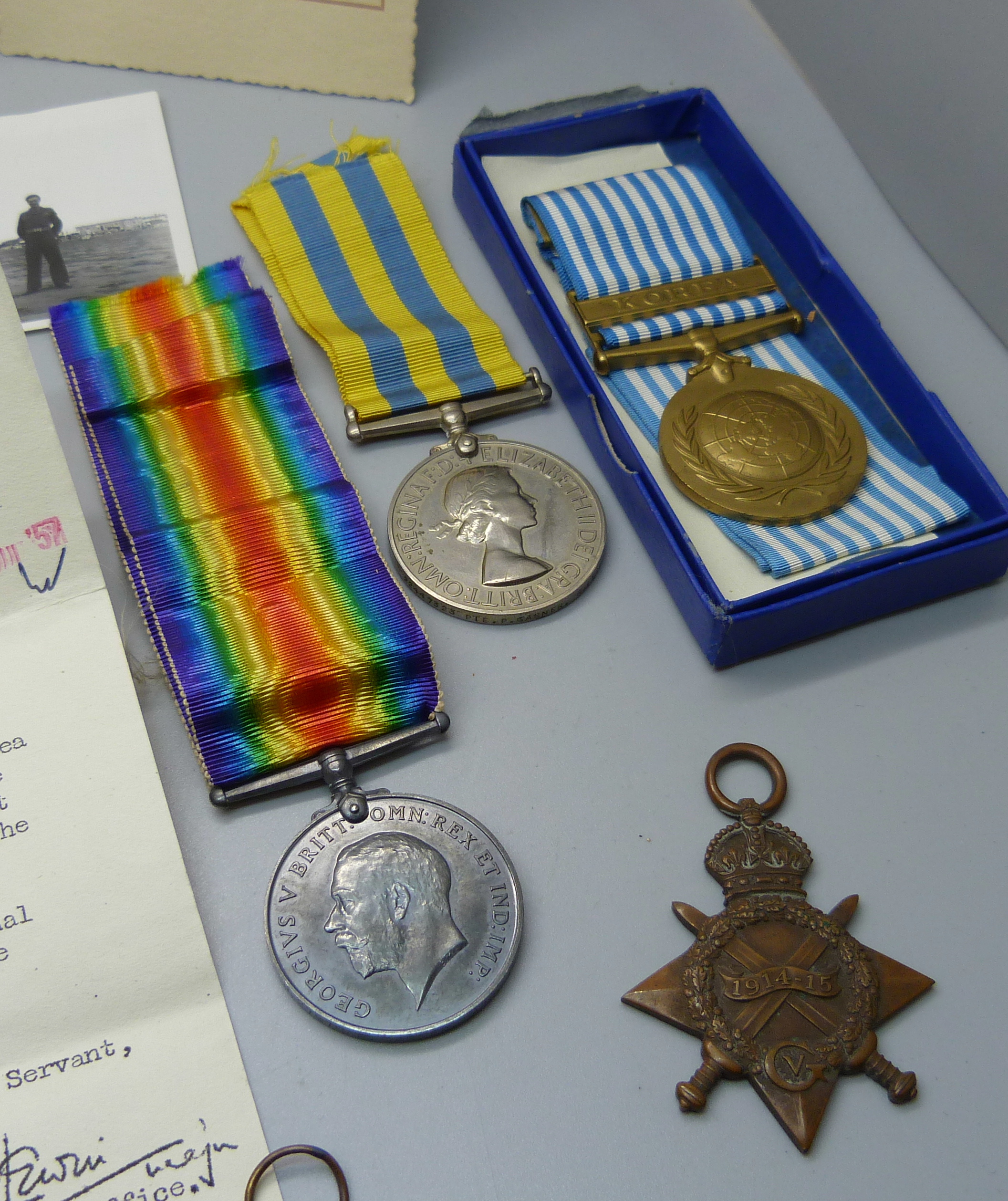 Medals; a trio of WWI medals to J.27970 P. Garner A.B. R.N., the Star marked BOY.1.,R.N., a Korea - Image 3 of 5