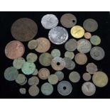 Assorted old bronze coins, tokens and medallions, including a bronze cartwheel two penny (