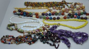 Thirteen bead necklaces, stone, mineral and glass