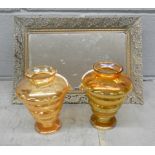 Two American carnival glass vases and a gilt framed mirror tray **PLEASE NOTE THIS LOT IS NOT