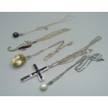 Five silver pendants and chains, 33g