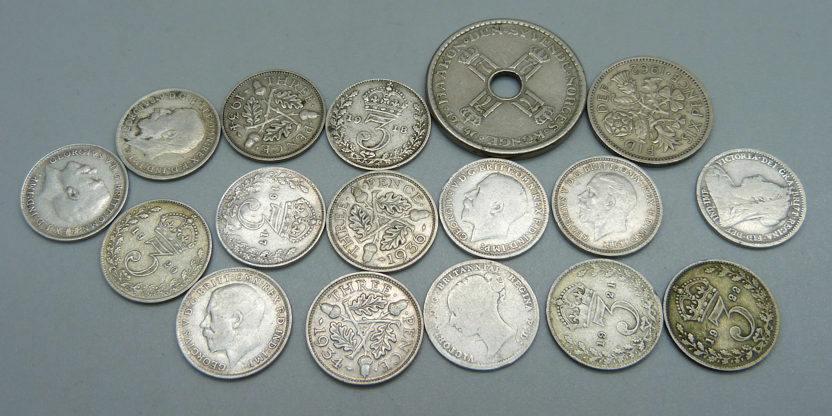 A collection of 3d coins including Victorian 1886 and 1897, 3x 1917, 1918, 1919, 2x 1920, 1921,