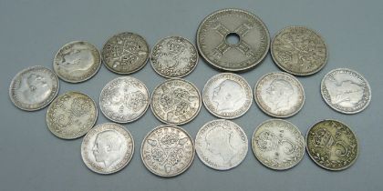 A collection of 3d coins including Victorian 1886 and 1897, 3x 1917, 1918, 1919, 2x 1920, 1921,