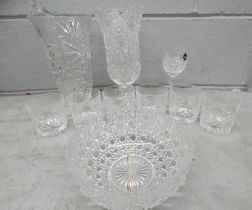 A bohemia crystal vase, boxed, six glass tumblers, a small fruit/trifle bowl, a tall glass vase