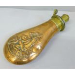 A brass and copper powder flask with embossed scene, marked R.A.R. Jones