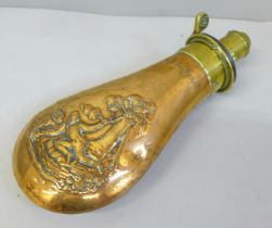 A brass and copper powder flask with embossed scene, marked R.A.R. Jones