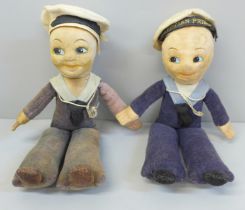 Two Norah Wellings 1950s Sailor dolls, velvet clothing, one with Egyptian Prince hat band (sold on
