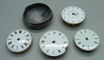 Four pocket watch movements and a silver pocket watch case, (outer case), two movements with diamond