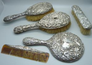 A silver backed mirror and brushes, a/f