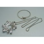 A large 925 silver pendant and chain and a silver snake bangle, 35g