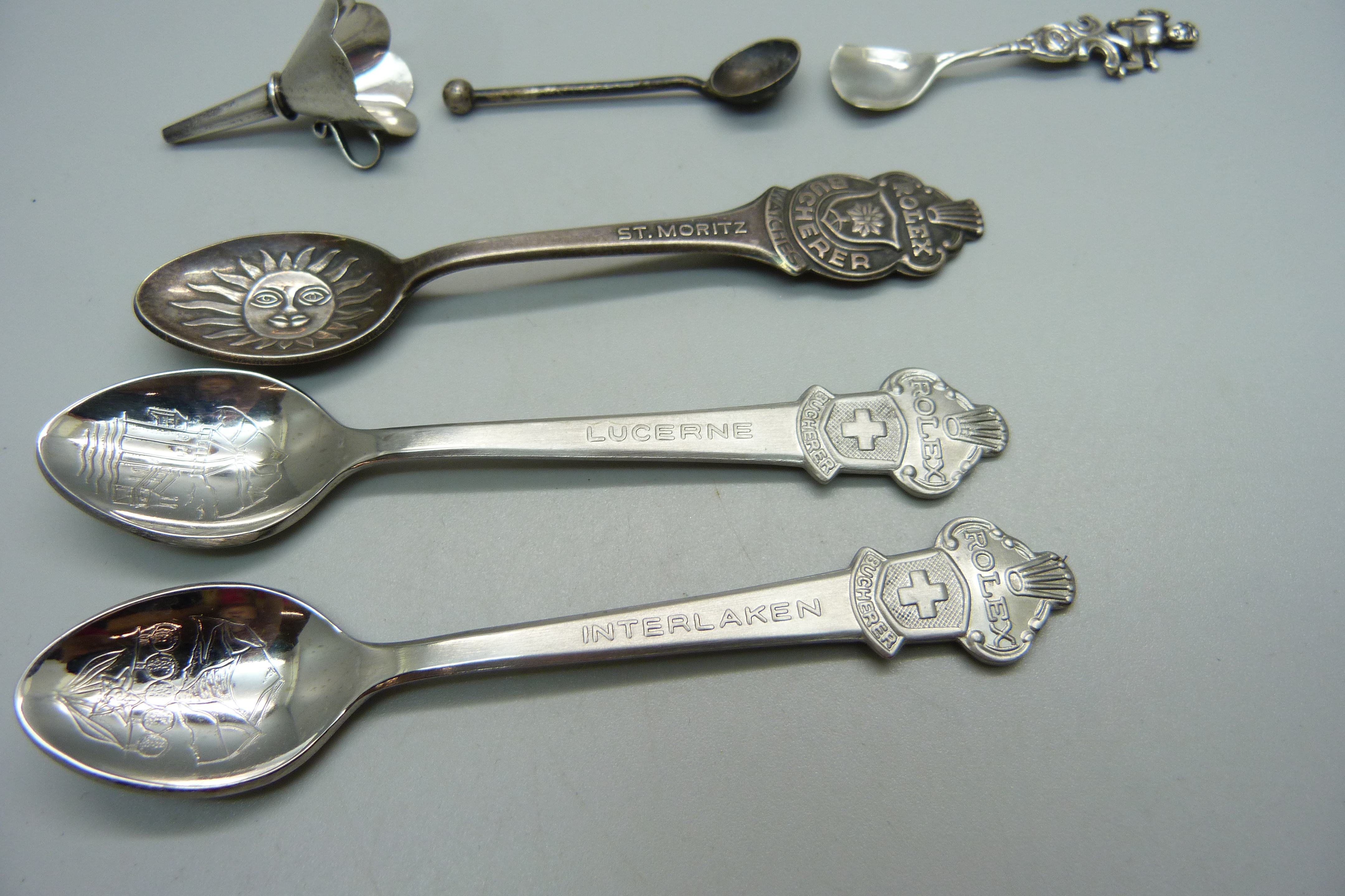 Two silver condiment spoons, a silver scent bottle funnel, marked 925 and three Rolex spoons - Image 3 of 3