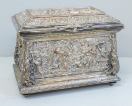 A plate on copper embossed jewellery casket, 14.5cm width