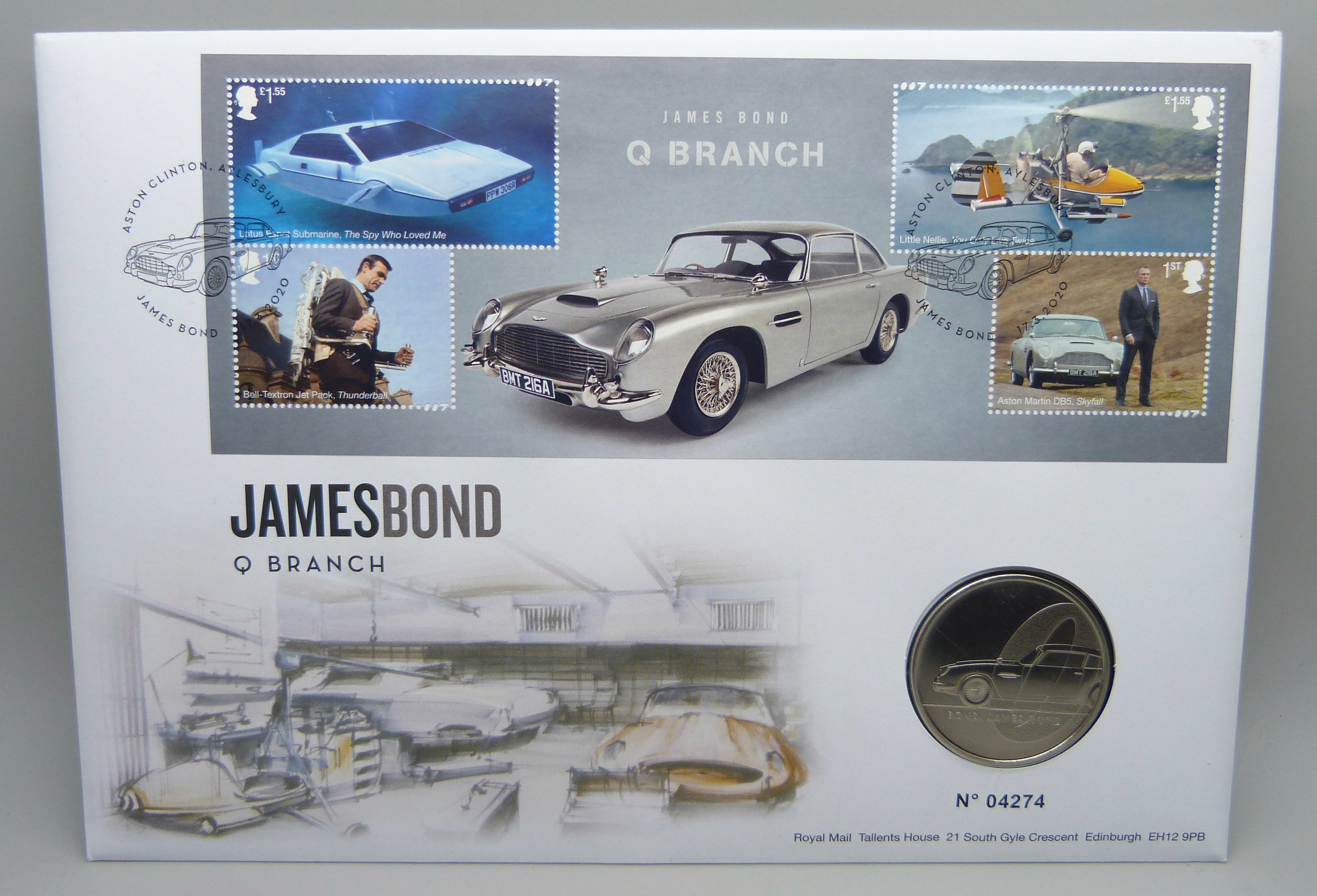 A Royal Mail and The Royal Mint James Bond Q Branch 2020 coin cover, No. 04274