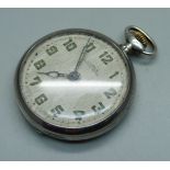 A .900 silver Omega pocket watch, case stamped Omega, movement stamped Omega, 15 jewels, adjusts