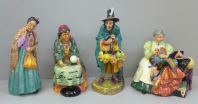 Four Royal Doulton figures; Bridget, Fortune Teller, The Mask Seller and The Wardrobe Mistress