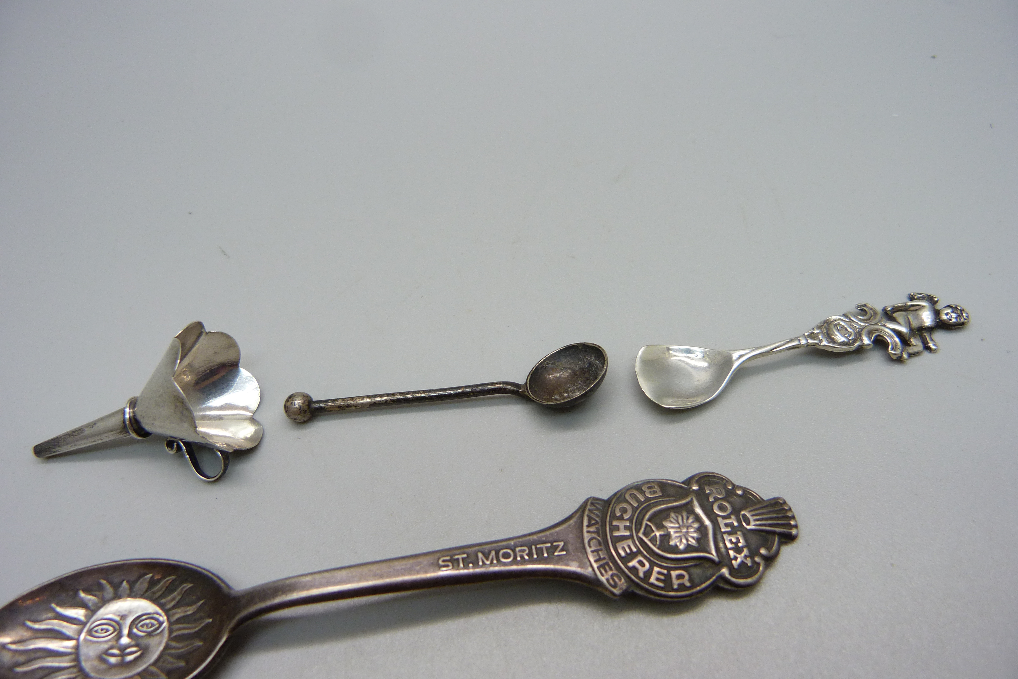 Two silver condiment spoons, a silver scent bottle funnel, marked 925 and three Rolex spoons - Image 2 of 3