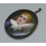 A silver framed porcelain portrait plaque, 5cm wide