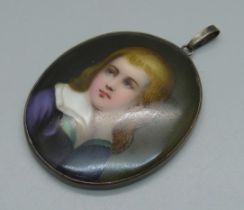 A silver framed porcelain portrait plaque, 5cm wide