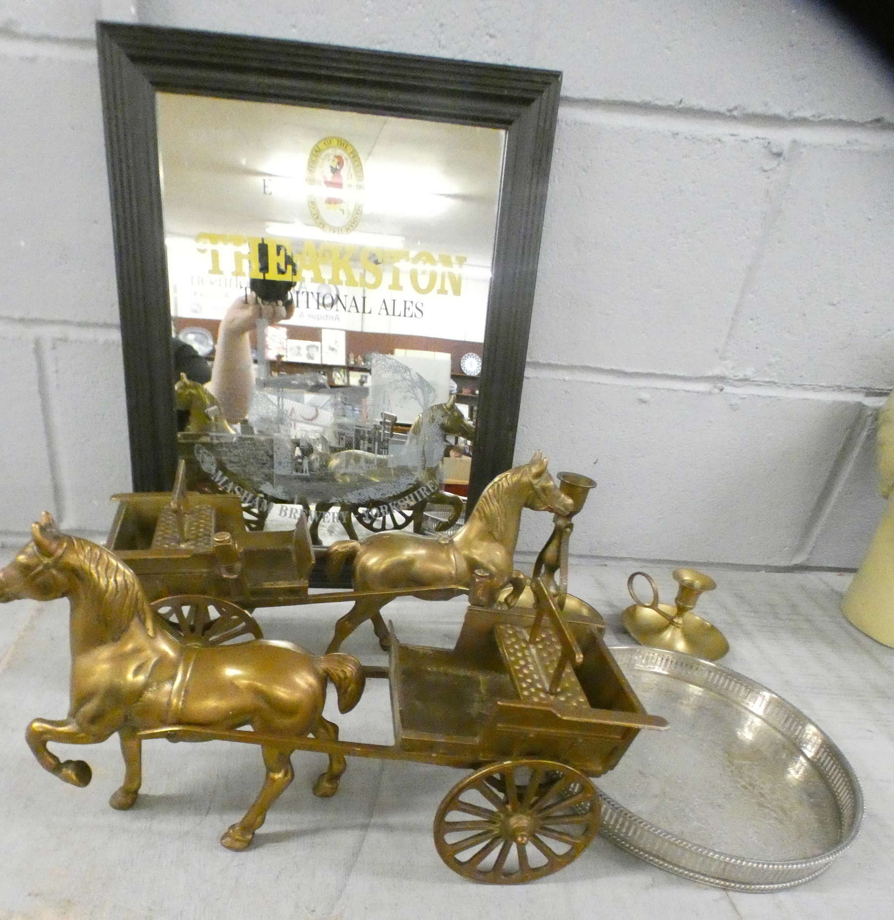 Brassware including two model horses and carriage, and a Theakston Ales advertising mirror **