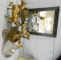 Brassware including two model horses and carriage, and a Theakston Ales advertising mirror **