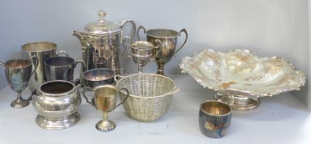 A silver plate on copper pedestal dish, water jug and other silver plated items