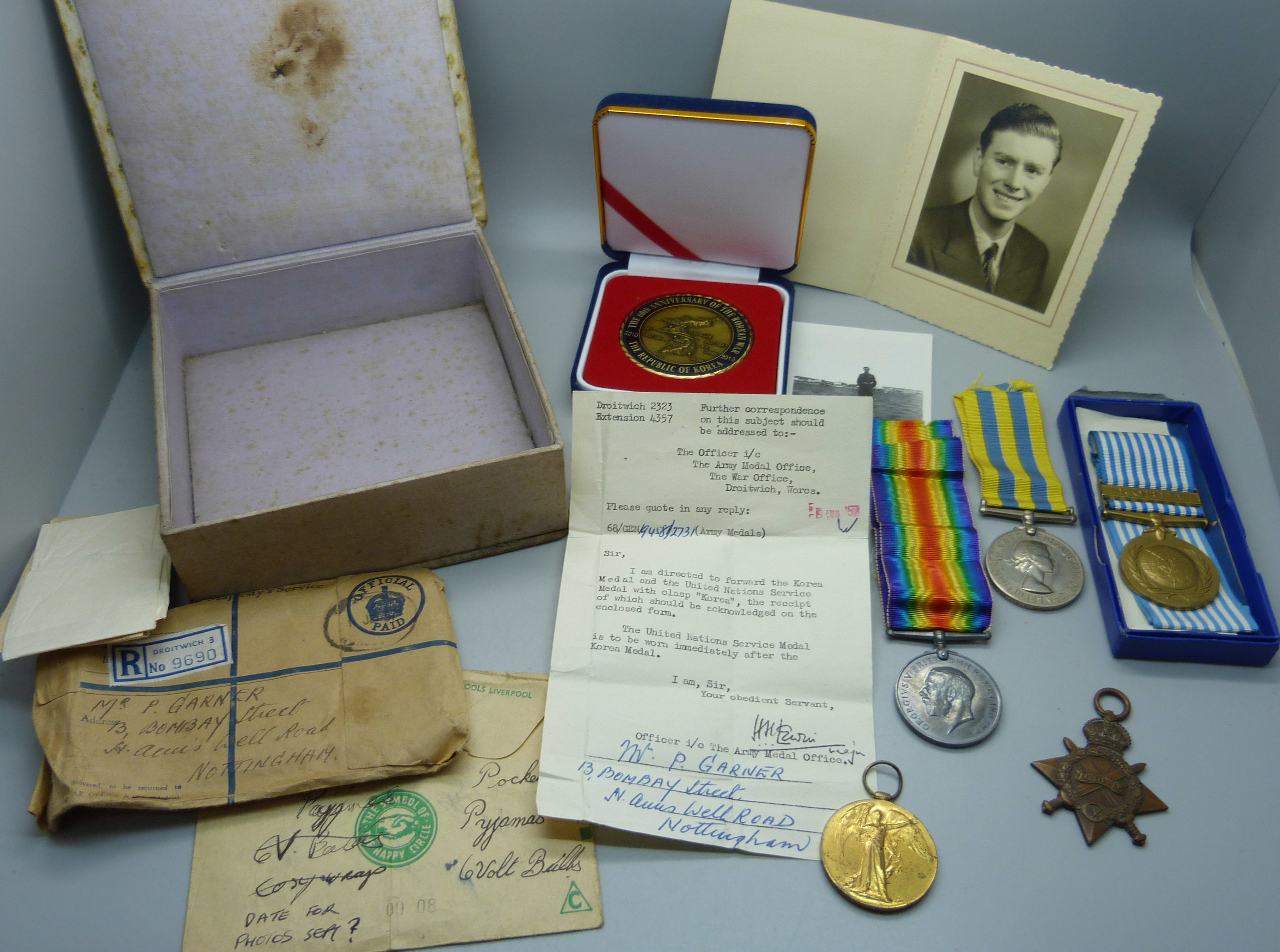 Medals; a trio of WWI medals to J.27970 P. Garner A.B. R.N., the Star marked BOY.1.,R.N., a Korea