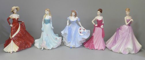 Five Coalport figures, four boxed, (one second quality)
