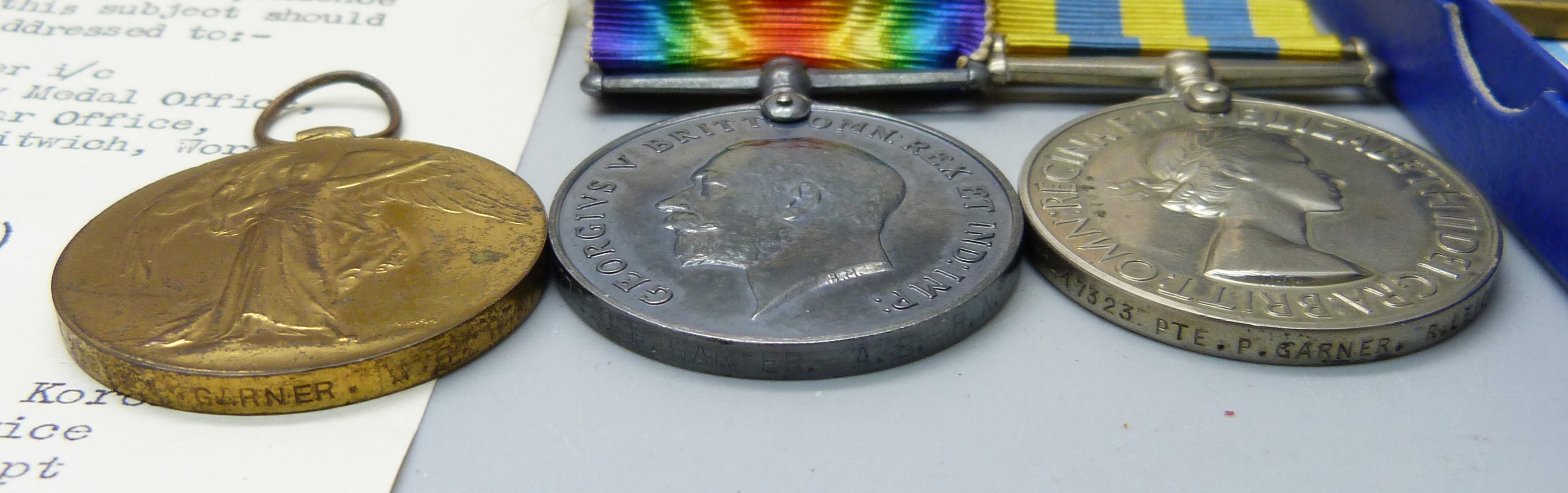 Medals; a trio of WWI medals to J.27970 P. Garner A.B. R.N., the Star marked BOY.1.,R.N., a Korea - Image 4 of 5