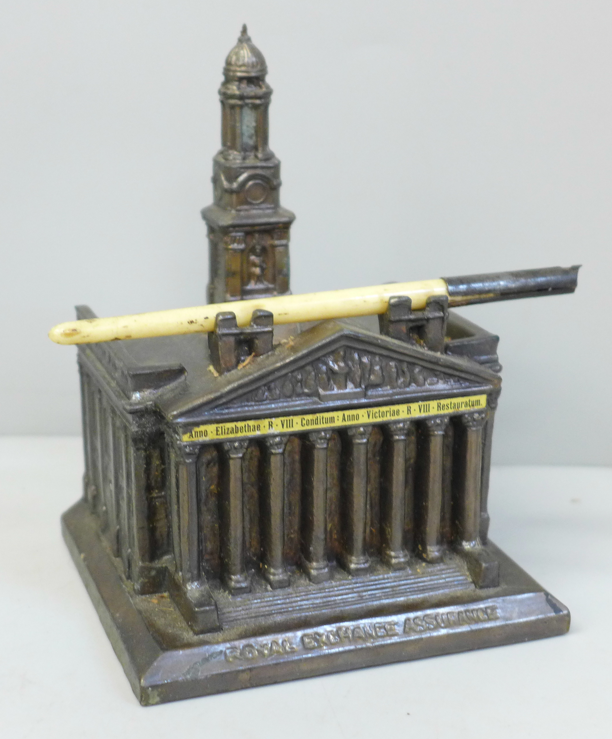 A Royal Exchange Assurance cast metal novelty inkwell