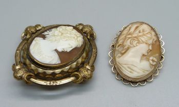 Two cameo brooches, one 9ct gold mounted and one c.1900