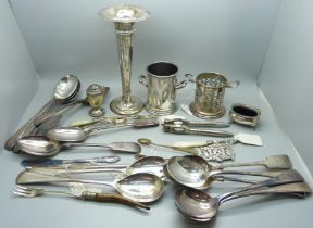 A collection of plated ware including cutlery and condiments, a silver posy vase and a silver