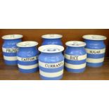 Six T.G. Green storage jars with black backstamps, all named