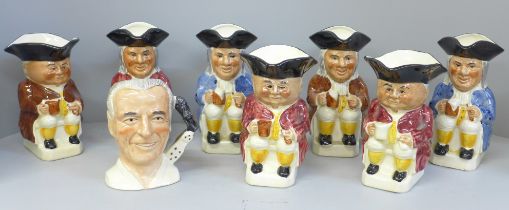 A collection of seven Toby jugs and a limited edition Sir Stanley Matthews Tony Wood character jug
