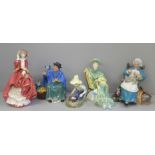 Five Royal Doulton figures; Top o' the Hill, Tuppence a Bag, River Boy, Ascot and Nanny