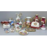 A collection of Limoges china including vases, trinket pots, miniature furniture, etc.