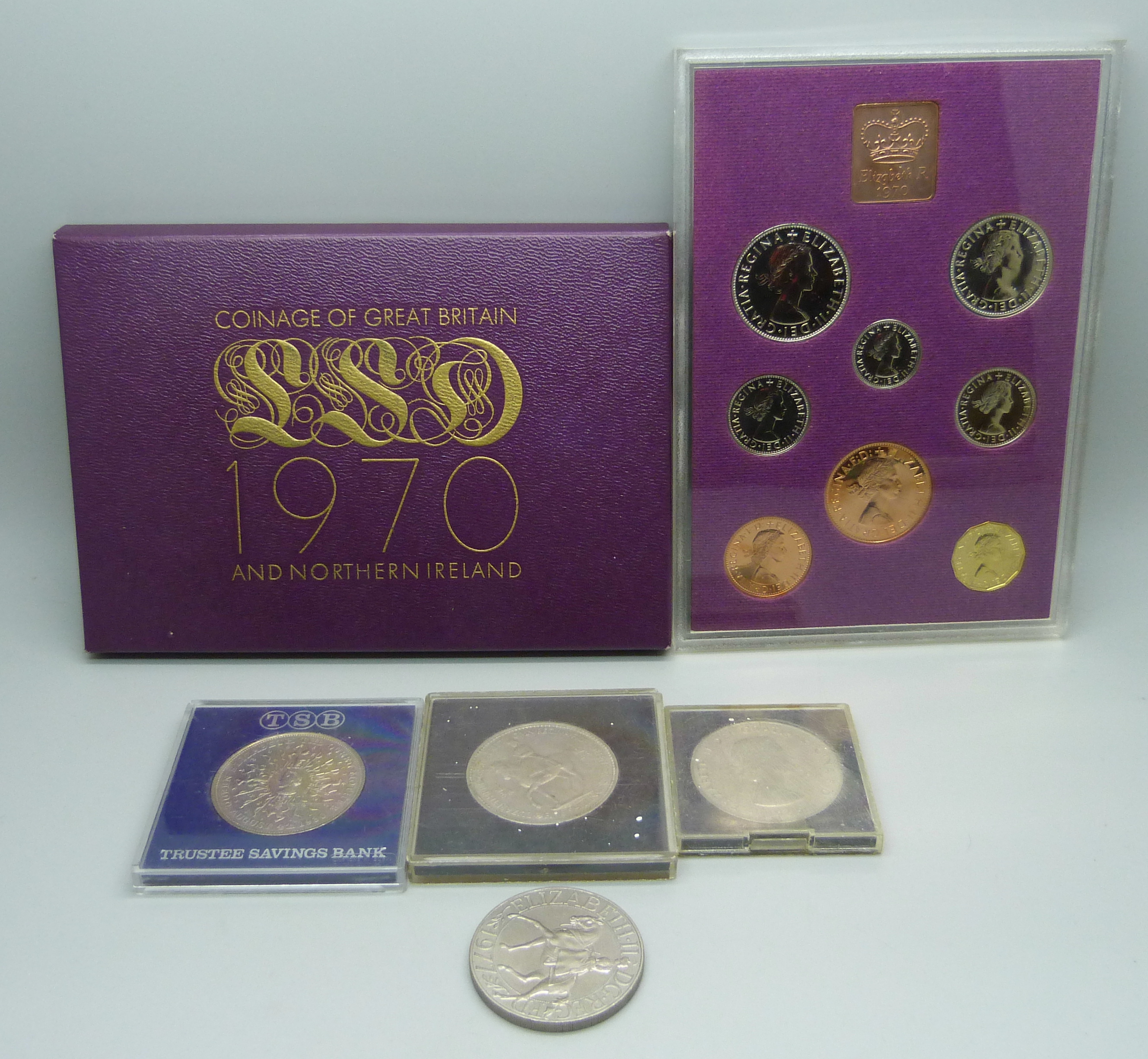 A 1970 coin set and four commemorative coins
